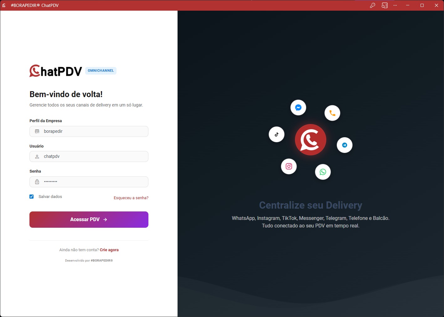 Tela operacional do ChatPDV com lista de conversas, chat e painel de pedido